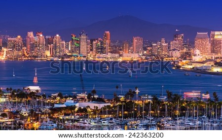 Scenic San Diego Panorama at Night. Shelter Island Yacht Basin,  North San Diego Bay, Americas Cup Harbor and the San Diego City Skyline.