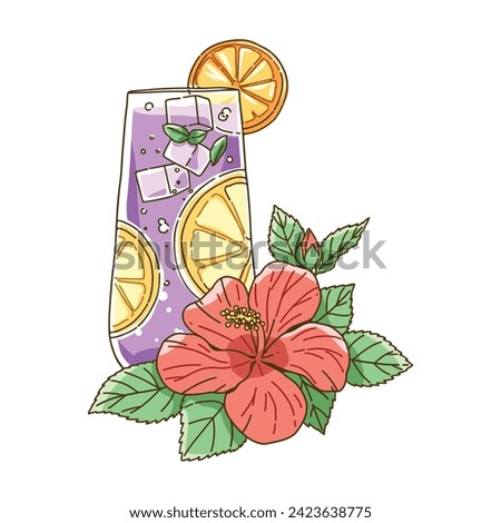 Tropical drink and hibiscus flower illustration, Cartoon summer cold drink on white background, Vector illustration.