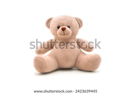Brown teddy bear doll smiling and sitting on white background