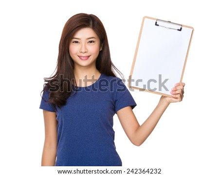 Woman show with blank paper of clipboard