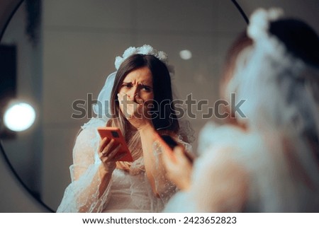 
Unhappy Crying Bride Reading Text Messages Feeling Betrayed 
Stressed newlywed wife finding out her husband is cheating on her
 Royalty-Free Stock Photo #2423652823