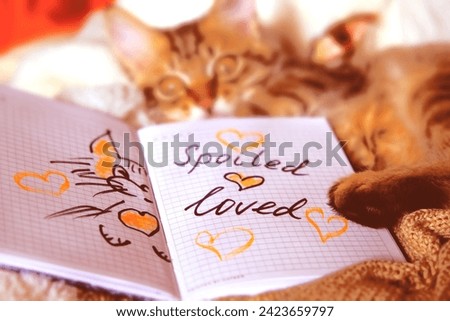 Spoiled Loved on note pad, cartoon cat.  Pretty tabby kitten relaxing on the bed. Funny pets. 