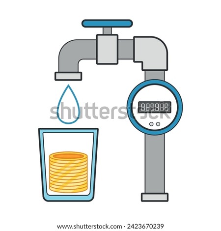 Economical cold water meter. Glass with coins. Colored flat clip art.