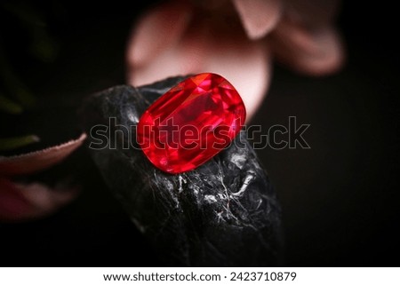 Ruby Ring with Diamonds on Red Background Surrounded by Ladybug and Nature Elements