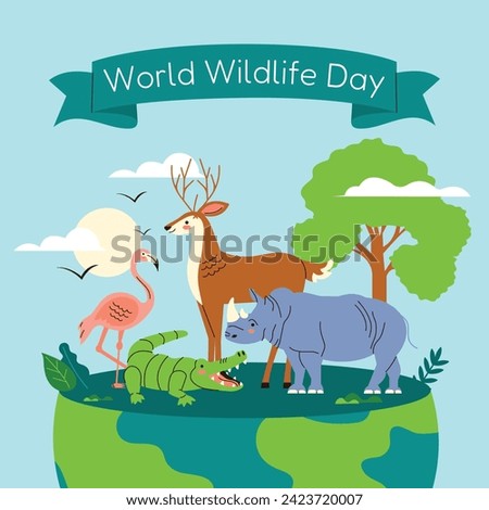 World Wildlife Day Background. World Wildlife Day celebration. March 3. Cartoon Vector illustration design for Poster, Banner, Flyer, Card, Cover, Post. animals in forest. wild animals background. Royalty-Free Stock Photo #2423720007