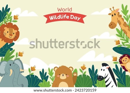 World Wildlife Day Background. World Wildlife Day celebration. March 3. Cartoon Vector illustration design for Poster, Banner, Flyer, Card, Cover, Post. animals in forest. wild animals background. Royalty-Free Stock Photo #2423720159