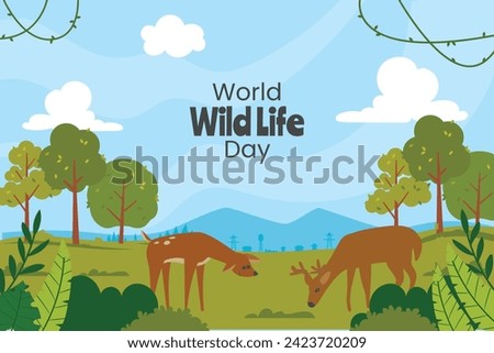 World Wildlife Day Background. World Wildlife Day celebration. March 3. Cartoon Vector illustration design for Poster, Banner, Flyer, Card, Cover, Post. animals in forest. wild animals background. Royalty-Free Stock Photo #2423720209
