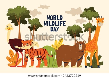 World Wildlife Day Background. World Wildlife Day celebration. March 3. Cartoon Vector illustration design for Poster, Banner, Flyer, Card, Cover, Post. animals in forest. wild animals background. Royalty-Free Stock Photo #2423720219