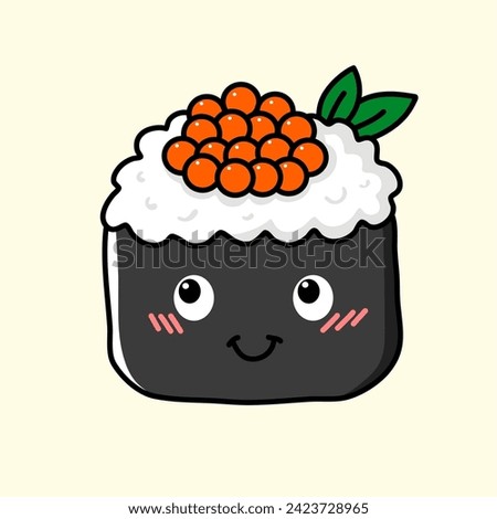 illustration of sushi roll with salmon roe can be used as icon and clip art, colored icon on beige background
