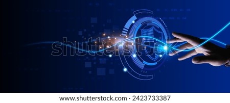 Hand reach out to touch shield protection in cyber space represent to cyber security encryption of user access to big data information or technology in digital era Royalty-Free Stock Photo #2423733387