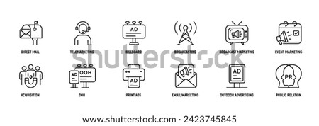 Traditional Marketing line icons set: Direct Mail, Telemarketing, 
Billboards Broadcasting, Event Marketing, Acquisition, OOH, Print Ads; Email Marketing, Outdoor Advertising, Public Relations. Royalty-Free Stock Photo #2423745845
