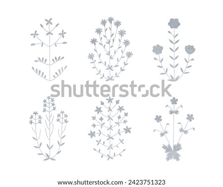 Watercolor grey silhouette illustration with flower set. Floral textured ornaments with wildflower silhouettes isolated on a white background