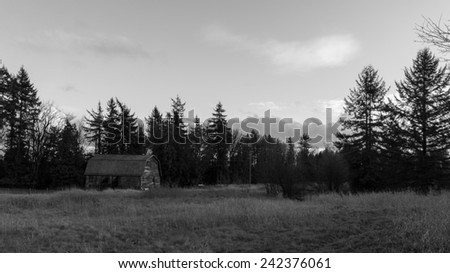 A black and white of an old barn in a farmer's field on a clear winter's day in the rural area of Langley,  British Columbia, Canada