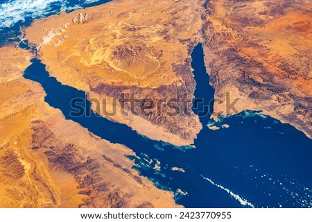 Red Sea and land in the Middle East. Digital enhancement of an image by NASA