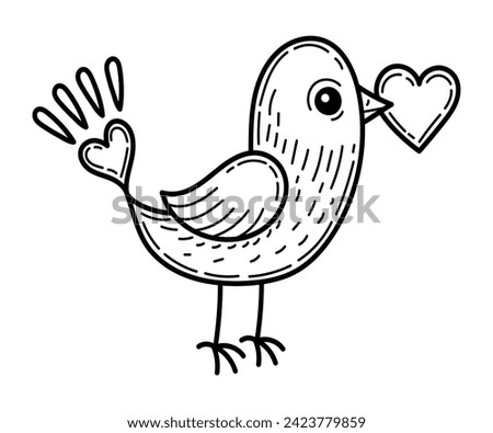 Coloring page bird with heart in its beak doodle. Hand drawn vector illustration.
