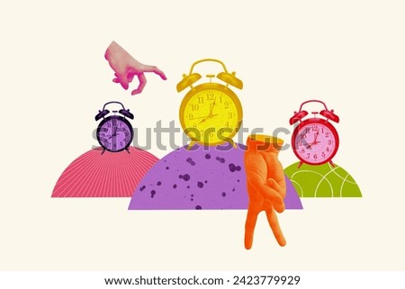 Photo collage creative picture human arms walking two fingers clock alarm punctuality deadline miss concept time management