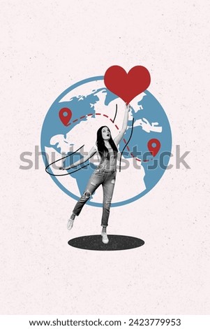 Creative 3d photo artwork graphics collage painting of excited lady enjoying foreign dates application isolated white color background