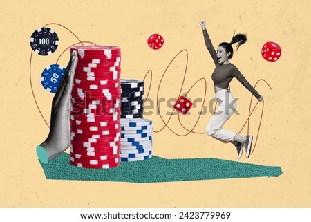 Creative collage picture illustration black white effect beautiful charm young lady jump winner big stack poker casino game beige background