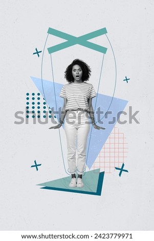 Vertical collage picture illustration black white filter shocked scary terrified young woman marionette exclusive template white background