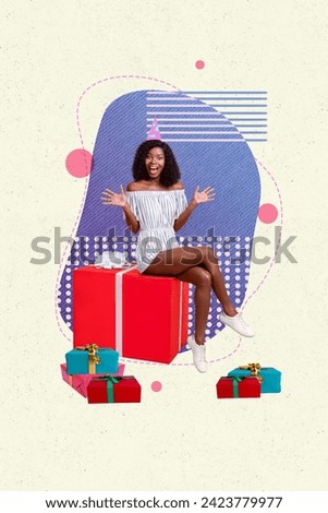 Vertical collage creative illustration black white effect beautiful smile enjoy young lady sit presents greetings unusual colorful template