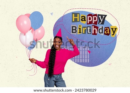 Creative photo collage picture standing young carefree cheerful girl celebrating happy birthday event hold air balloons positive mood