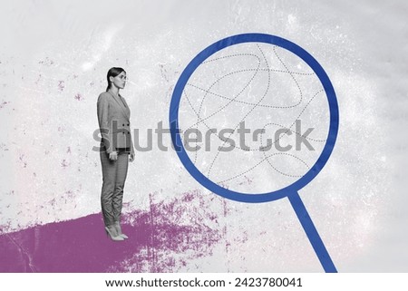Artwork magazine collage picture of serious confident lady looking big enlargement glass isolated drawing background