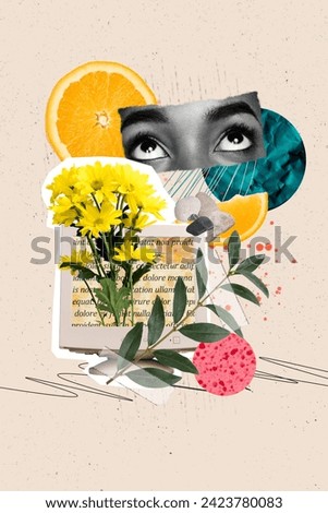 Vertical abstract picture collage of human eyes looking at composition art pc monitor with text date invitation and sunflowers gift