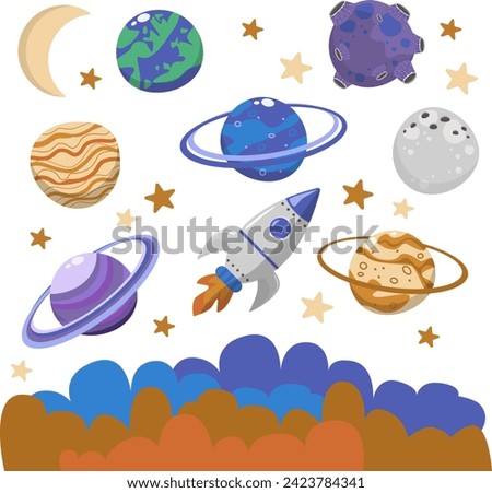 Set of vector elements of planets in space, Saturn, moon, Mars, Venus, rocket flies up, dense clouds from below, Stars, flat cartoon style for child boy