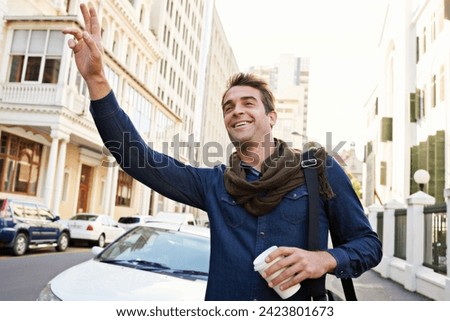 Hailing, city and travel with man, commute and happy with traffic or transportation with journey or road. Person, outdoor or Italy with guy or explore with morning coffee or street with wave or sign