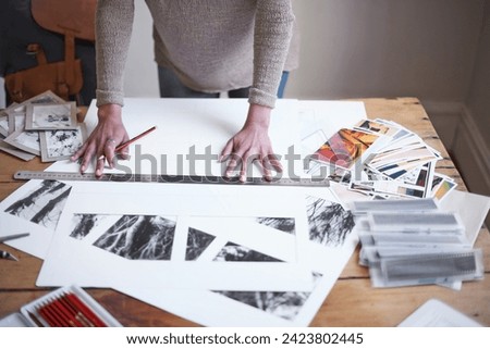 Photographer, hands and drawing on paper at desk with ruler for project in startup above. Business, creative and artist at table with sketch, planning and professional work on portfolio with pencil