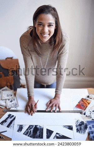 Smile, business woman and portrait of graphic designer drawing on paper at desk with ruler for project in startup office. Happy person, face and creative photographer at table with pencil in Brazil