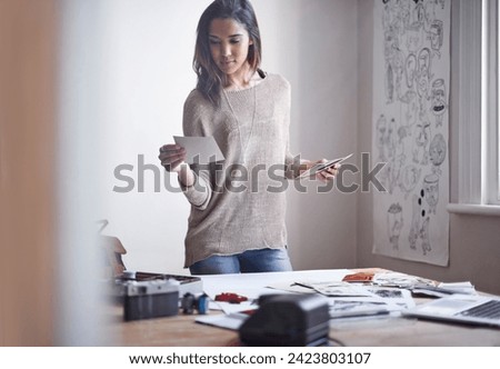 Woman, visual artist and office with picture for portfolio, inspiration and project for magazine. Design, create and strategy on visual with photography for storyboard and brand identity for client