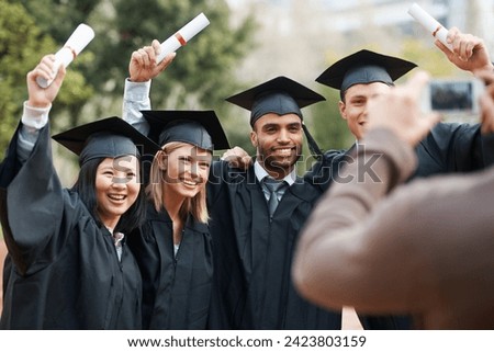 Photograph, graduation or students in college or university to celebrate school diploma or degree. Group picture, happy graduate friends or proud women with education for goals, target or success