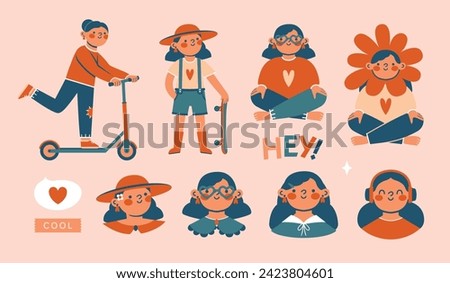 Cute teenage girls, kids, with scooter, skateboard in different poses. Set of various girl's portrait, standing, sitting persons. Clip arts with cartoon children. World Children's Day. Girl power.