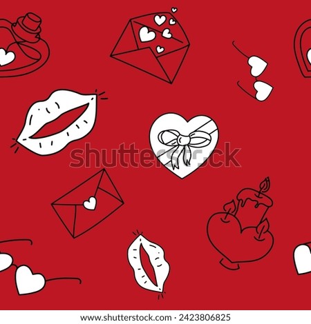 Vector. Festive Valentine's day seamless pattern in sketch style. Hand-drawn cartoon background for Valentine's Day, Birthday, women's day and wedding design. Postcards, invitations, packaging.