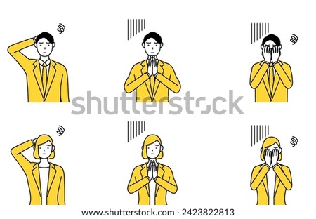Simple line drawing illustration of a man and woman in suits, set of troubled expressions and poses