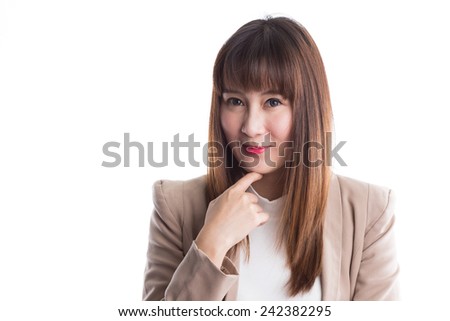 Smiling business asian woman on white background.