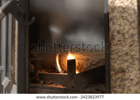 Lighting the fireplace.Fire burns in a fireplace, fire burns background, wood burning house, firewood for the fireplace tree. 