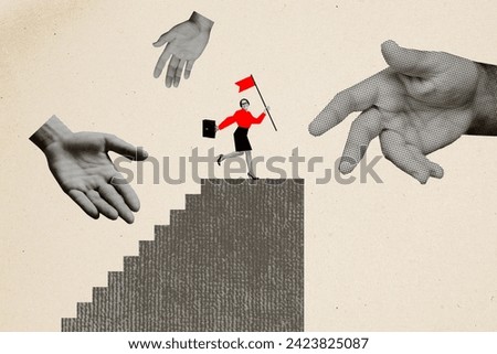 Photo collage picture young attractive businesswoman reach top ladder red flag finish accomplish target success human arms background