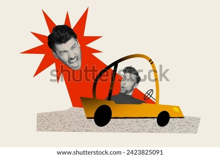 Creative collage picture image young man driving car escaping shouting outraged angry boss mental disorder bullying insult