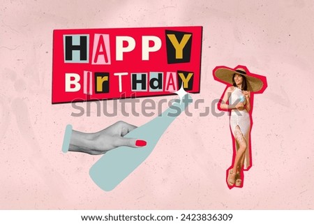 Photo collage picture standing young woman stylish exotic summer outfit alcohol bottle wine champagne beverage pub celebration