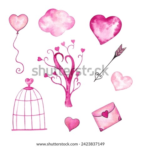 Watercolor Set of Pink Hearts, Birdcage, Heart Shaped Balloon and Tree of Love. Clip Art for Valentine's Day. Hand Drawn Romantic Elements