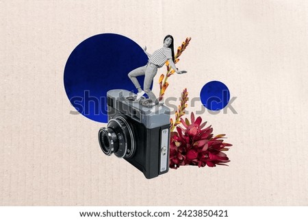 Abstract creative artwork template collage of smiling funky lady walking vintage camera isolated painting background