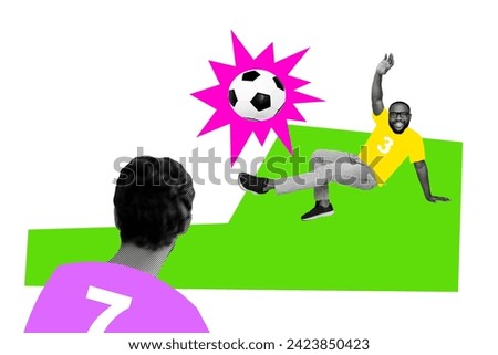 Photo collage picture young guys football players game tournament championship league field score goal kick ball drawing background
