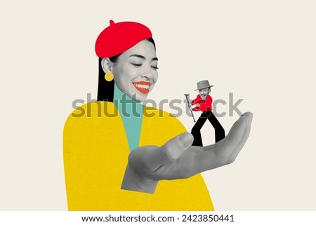 Creative photo collage picture young woman hold little funky gentleman dancer cylinder head caricature arm cutout french vintage style