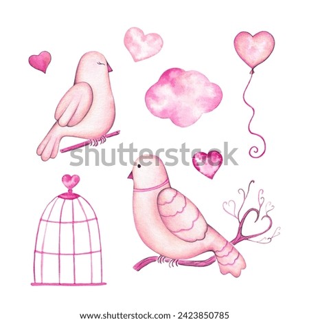 Set of Hand Drawn Elements with Pink Doves and Hearts. Clip Art with Birds for Valentine's Day. Illustrations for Romantic Decor.