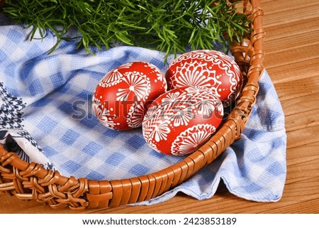 Easter, spring holiday - beautiful colorful Easter eggs - Czech home tradition of decorating with wax,
classic still life,