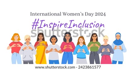 Inspire inclusion campaign pose. International Women's Day 2024 theme banner. Smiling diverse women make heart symbol with hands to stop discrimination and stereotypes. Gender equal inclusive world Royalty-Free Stock Photo #2423861577