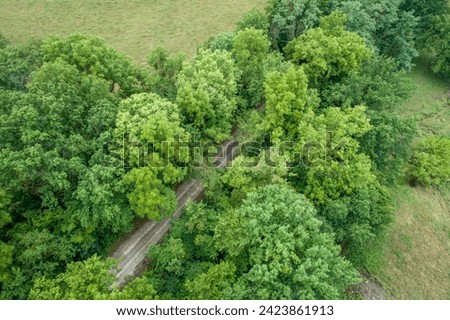 aerial view of Katy Trail near Pilot Grove, Missouri - 237 mile bike trail stretching across most of the state of Missouri converted from abandoned railroad Royalty-Free Stock Photo #2423861913