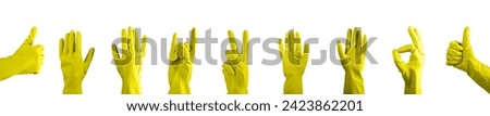 Thumb up, ok, hi, rock gestures set, hand in yellow glove isolated on white background